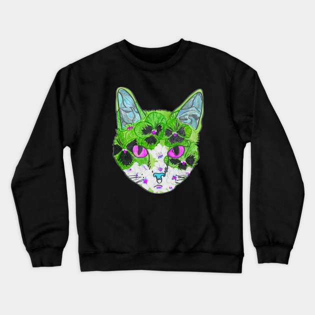 Green floral kitty Crewneck Sweatshirt by deadblackpony